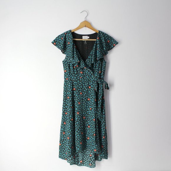 Anthropologie HD in Paris Dress Sz 0 Black Green Floral Faux Wrap ruffle V-neck - Picture 2 of 15